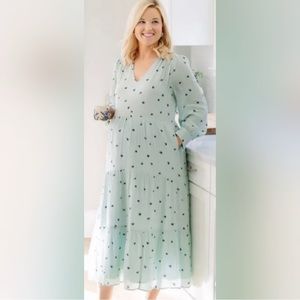 A‎ New Day Prairie Pheasant Tiered Light Green Print Midi Dress